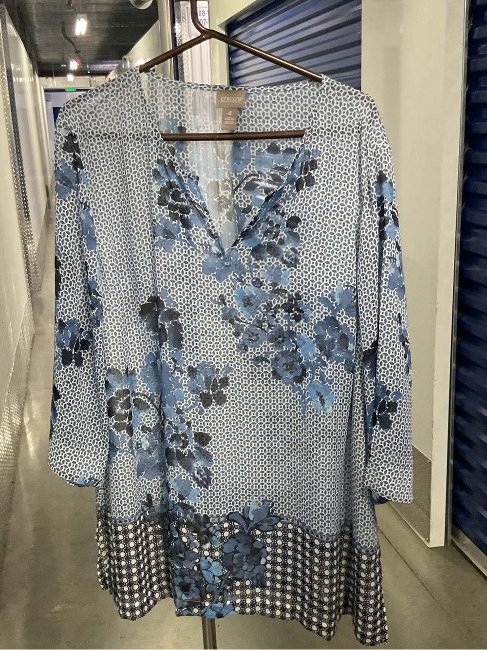 Chico's Blue and Black Floral V-Neck Tunic